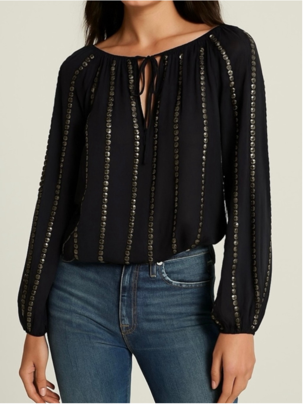 L’AGENCE 100% silk sequin blouse black size 4 semi sheer flowy neck tie